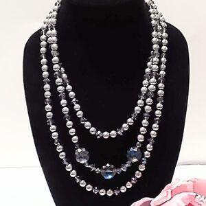 Chunky Gray Faux Pearl & Crystal Multi Strand Statement Necklace